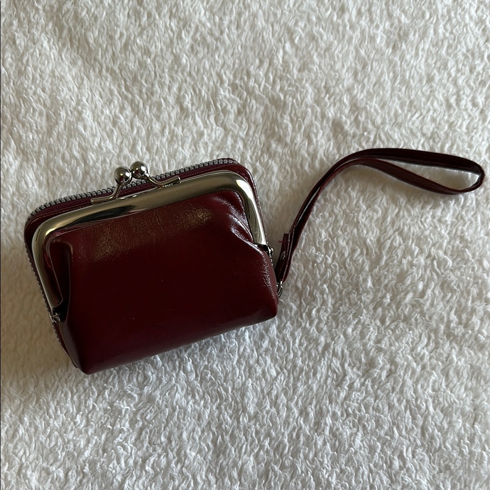 Retro Kiss Lock Credit Card Coin Purse Detachable Wristlet Brown Red Color NWOT - Picture 2 of 7